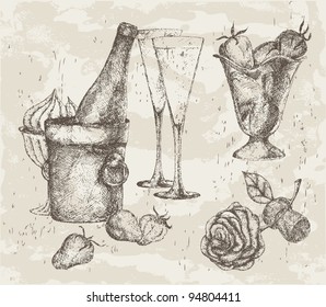 Hand-drawn champagne and strawberry sketch