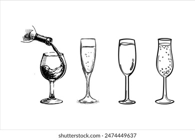 Hand-drawn champagne wine glass vector art illustration