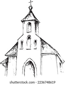 Hand-drawn chapel with bell tower in Gothic style. Pen drawing on white ground.