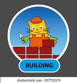 hand-drawn character is a cat a Builder builds a house of bricks, vector, occupation, illustration in the textbook