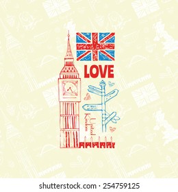 Hand  drawn characters UK:  Big Ben  map  tea  tea party  For packaging design  fabric  postcards  section about the UK 