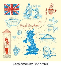 Hand  drawn characters UK: Lion  Big Ben  map  tea  tea party  glenfinnan viaduct  tyne bridge  For packaging design  fabric  postcards  section about the UK 