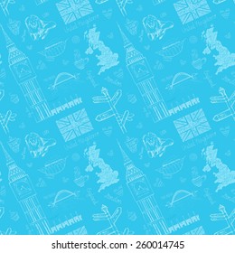 Hand  drawn characters UK: Lion  Big Ben  map  tea  tea party   viaduct  tyne bridge  Pattern  For packaging design  fabric  postcards  section about the UK 
