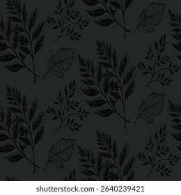 Hand-drawn charcoal seamless pattern with various sketchy botanical leaves on a dark background. An artistic and organic design for unique textiles and decor. 