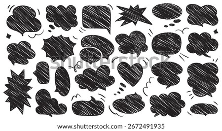 Hand-Drawn Charcoal Speech Bubbles Set – Sketch Style Chat and Thought Balloon Shapes on White Background