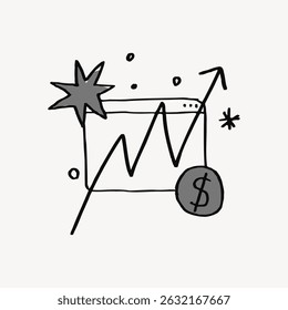 Hand-drawn chart with rising arrow, dollar sign, and stars, symbolizing growth, finance, and success. Simple, black and white sketch style. Cute doodle vector.