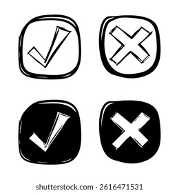Hand-drawn Check and Cross Icons Set – Doodle Style Vector