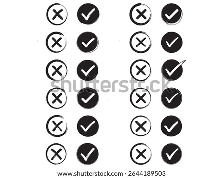 Hand-drawn check and cross icons in various circles, set of hand-drawn check and cross icons, designed with a textured, brushstroke style, check mark, cross mark, tick, x mark, icons, symbols, graphic