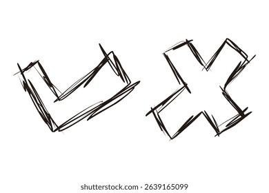 Hand-drawn check and cross mark icons. Vector illustration with brush or marker-style strokes. Ideal for casual or creative designs.