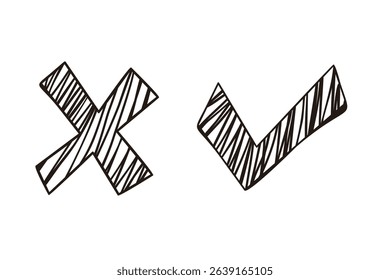 Hand-drawn check and cross mark icons. Vector illustration with brush or marker-style strokes. Ideal for casual or creative designs.