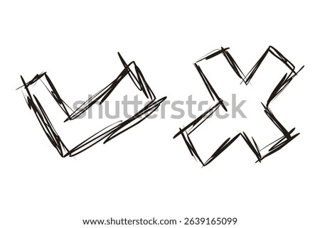 Hand-drawn check and cross mark icons. Vector illustration with brush or marker-style strokes. Ideal for casual or creative designs.