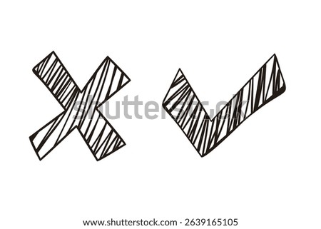 Hand-drawn check and cross mark icons. Vector illustration with brush or marker-style strokes. Ideal for casual or creative designs.