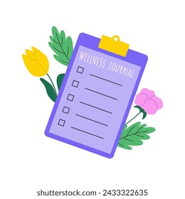 Handdrawn check list welness journal with tulips and leaves. Vector design isolated on white.