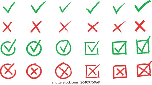 Hand-drawn check mark icon set with cross, tick, checkbox, and checklist symbols. Doodle brush stroke style in vector format. Ideal for UI, forms, notes, and presentations.