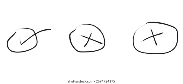A hand-drawn check mark inside a circle and two X symbols inside circles, all with brush strokes on white.