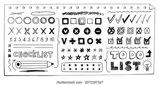 Handgezeichnete Markierungen, Sternchen, Kästchen. Set von doodle Checkliste, Umriss- und schattigen Zeichen und Symbolen. Vektorgrafik isolierter Markierungen, Kreuze, Klammern auf weißem Hintergrund