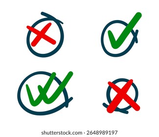Hand-drawn check marks with circle arrows and underlines. Doodle-style checklist icons in vector set. Perfect for planners, to-do lists, notes, or digital highlights.