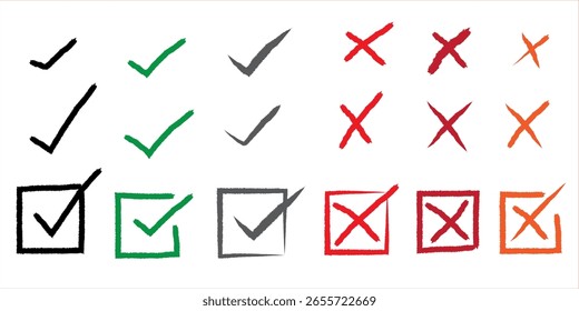 Marcas de verificación dibujadas a mano y marcas cruzadas en varios colores con textura de crayón. Incluye casillas marcadas y Casillas de verificación vacías en negro, verde, rojo y naranja.