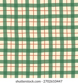 Hand-drawn checkered pattern with green and coral stripes on a beige background