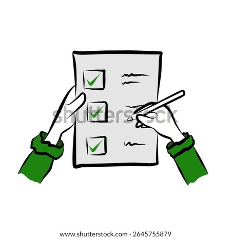 Hand-drawn checklist vector illustration, person holding and writing on a task list with green checkmarks in doodle style