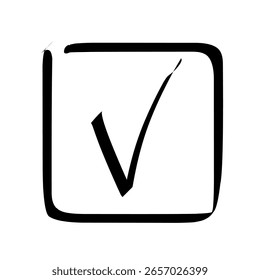 Marca de verificación dibujada a mano en el icono de la caja sobre fondo blanco