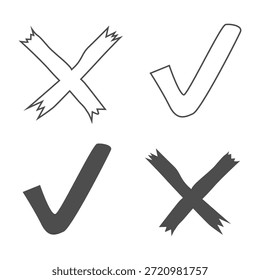 Elemento de ícone de símbolo de marca de seleção e marca cruzada de desenho manual
