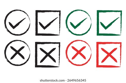  Hand-drawn checkmarks and cross symbols in black, green, and red. Rough brushstroke style ideal for UI elements, infographics, forms, and creative presentations.