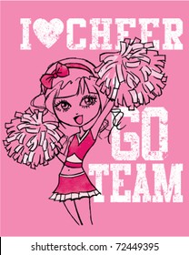 hand-drawn cheerleader with "I love cheer" and "Go team" wording