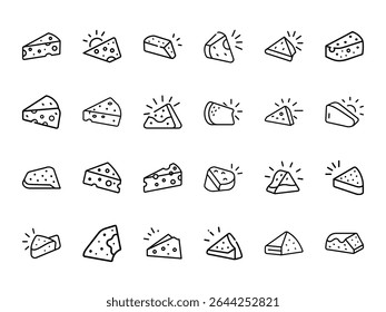 Hand-Drawn Cheese Icon Set – 25 Unique Minimalist Cheese Slice Illustrations in Line Art Style on White Background