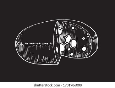 Hand-drawn cheese on black background, vector engraved illustration, dairy shop product