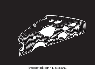 Queso extraído a mano sobre fondo negro, ilustración vectorial grabada, producto de tienda de productos lácteos