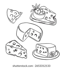 Coleção de conjuntos de queijos desenhados à mão, incluindo rodas inteiras, cunhas e fatias com azeitonas e ervas aromáticas. Perfeito para embalagem de alimentos, design culinário e marca com tema de laticínios