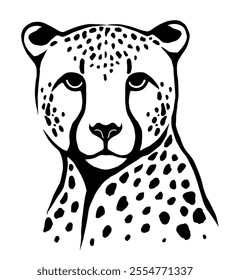 Hand-drawn cheetah face in bold black and white stylized design on a white background