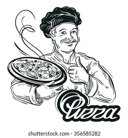 hand-drawn chef with pizza in his hand on a white background. vector illustration