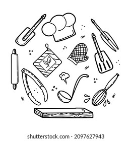 Hand-drawn chef's tools and clothes in doodle style. Vector icons arranged in a circle. Chef's hat, cutting and slicing board and apron. A rolling pin, various spatulas and tongs.