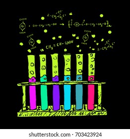 hand-drawn chemical test tubes - vector set of chemical laboratory equipment with fluorescent chemistry substances