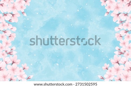 Hand-drawn cherry blossom left and right borders with blue sky background