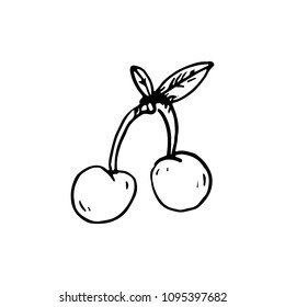 Handdrawn cherry doodle icon. Hand drawn black sketch. Sign symbol. Decoration element. White background. Isolated. Flat design. Vector illustration.