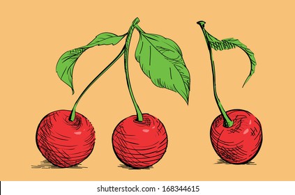 Hand-drawn cherry, drawing set