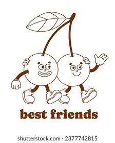 El personaje retro de cereza dibujado a mano con un lema. Pegatina vectorial en el estilo de dibujos animados retro de moda. Fruta, comida saludable.