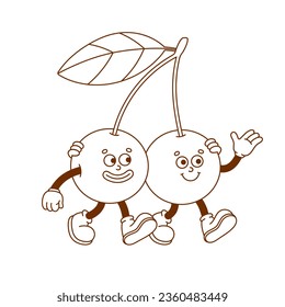 El carácter retro de cereza dibujado a mano. Ilustración vectorial en el estilo retro de caricatura de moda. Fruta, comida saludable.