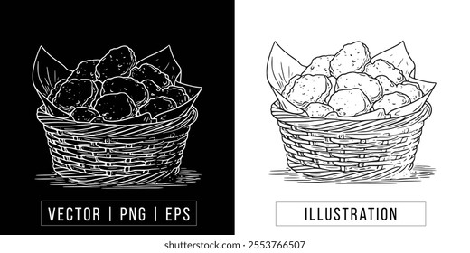 Hand-Drawn Chicken Nuggets Basket Sketch - Vector, PNG Illustration Download