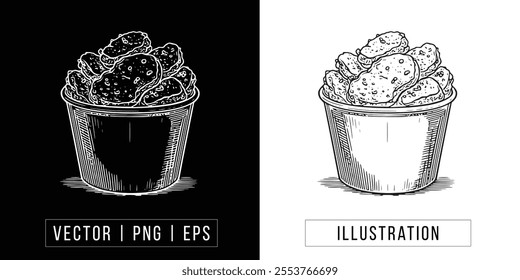Hand-Drawn Chicken Nuggets Basket Sketch - Vector, PNG Illustration Download