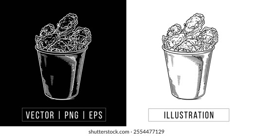 Hand-Drawn Chicken Nuggets Basket Sketch - Vector, PNG Illustration Download