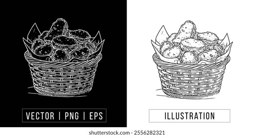 Hand-Drawn Chicken Nuggets Basket Sketch - Vector, PNG Illustration Download