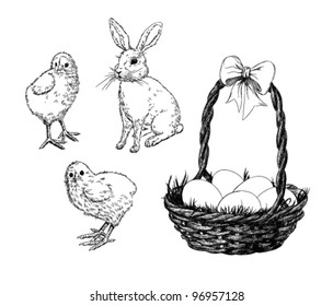 Hand-drawn chickens,rabbit and basket with Easter eggs