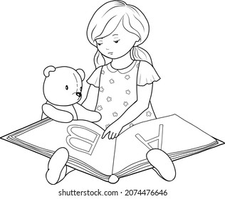 Hand-drawn child reading a book. Black and white image on white background.
