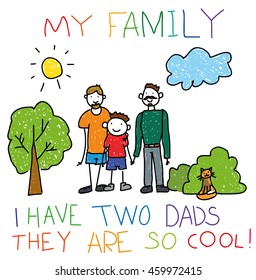 Hand-drawn childish happy gay couple with child, children hand drawing style, doodle. For banner, print, social advertisement about childhood, adoption, gay and homosexual marriage.