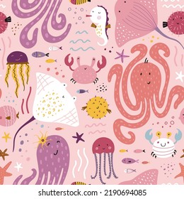 Hand-drawn childish seamless pattern with underwater world.Vector texture.