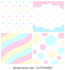 Hand-drawn childish style vector pattern set. Colored balls. Colored stripes. Pink hearts background.